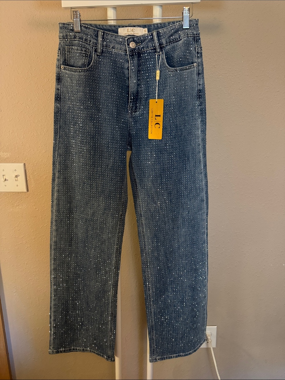 LC Lizette Collection, Blue Studded sparkly Straight-Leg Jeans, NWT M
